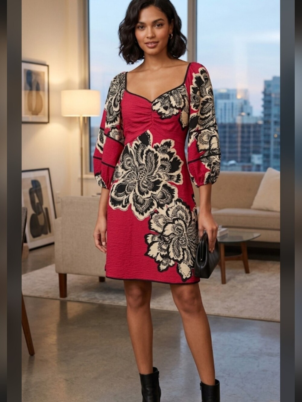 Vince Camuto Red Floral Puff-Sleeve Mini Dress NWT